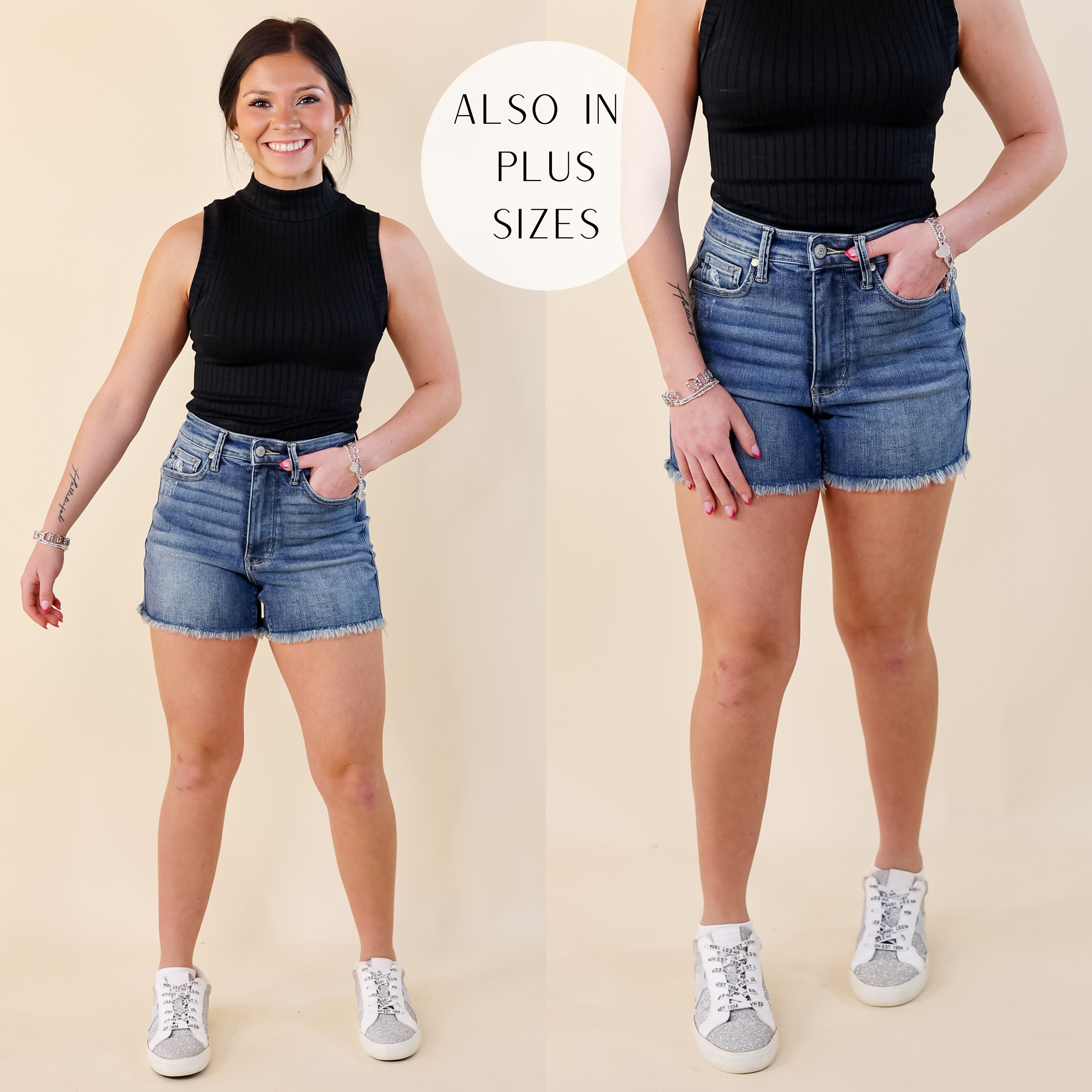 Judy Blue | Sunny Stride Rigid Tummy Control Fray Hem Shorts in Medium Wash - Giddy Up Glamour Boutique