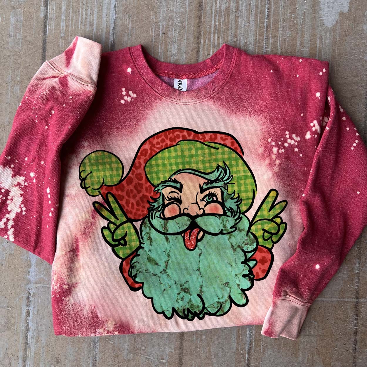 Online Exclusive | Hippie Peace Santa Long Sleeve Bleached Splatter Graphic Sweatshirt in Red - Giddy Up Glamour Boutique