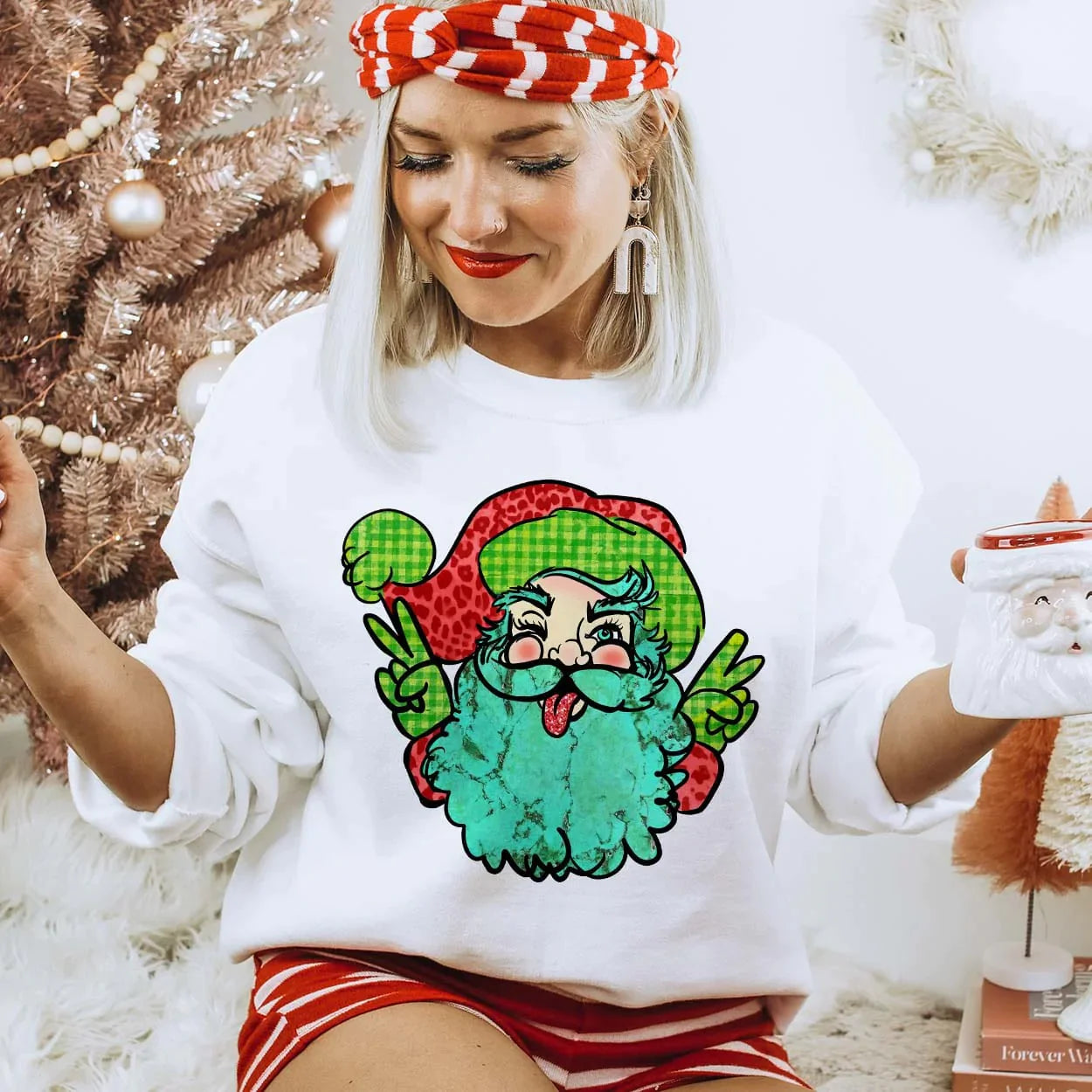 Online Exclusive | Hippie Peace Santa Long Sleeve Graphic Fleece Sweatshirt in White - Giddy Up Glamour Boutique
