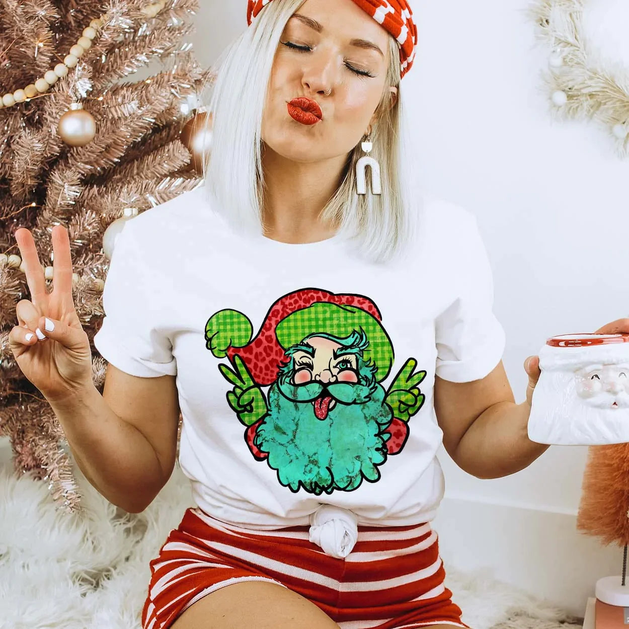 Online Exclusive | Hippie Peace Santa Short Sleeve Graphic Tee in White - Giddy Up Glamour Boutique
