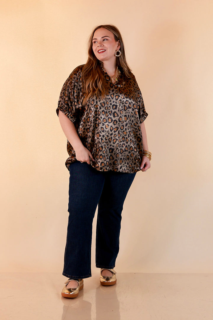 Hits the Spot Metallic Leopard Print Short Sleeve Split Neck Top with Ruffle Collar in Black