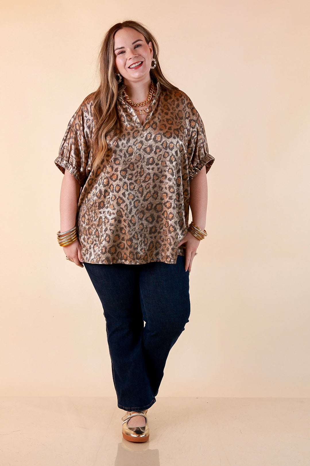Hits the Spot Metallic Leopard Print Short Sleeve Split Neck Top with Ruffle Collar in Taupe