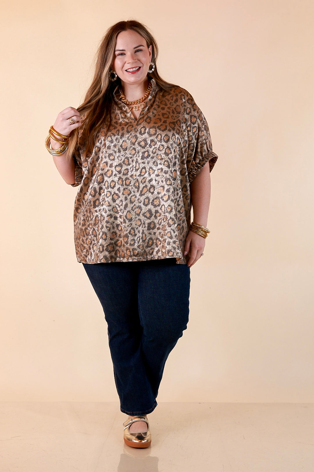 Hits the Spot Metallic Leopard Print Short Sleeve Split Neck Top with Ruffle Collar in Taupe
