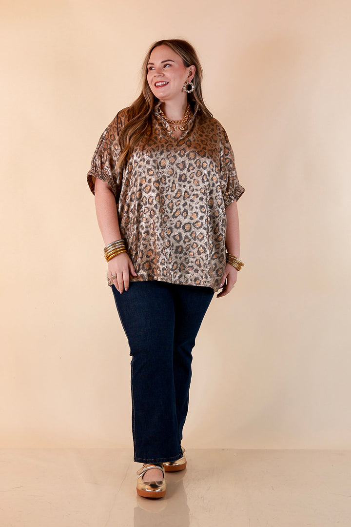 Hits the Spot Metallic Leopard Print Short Sleeve Split Neck Top with Ruffle Collar in Taupe