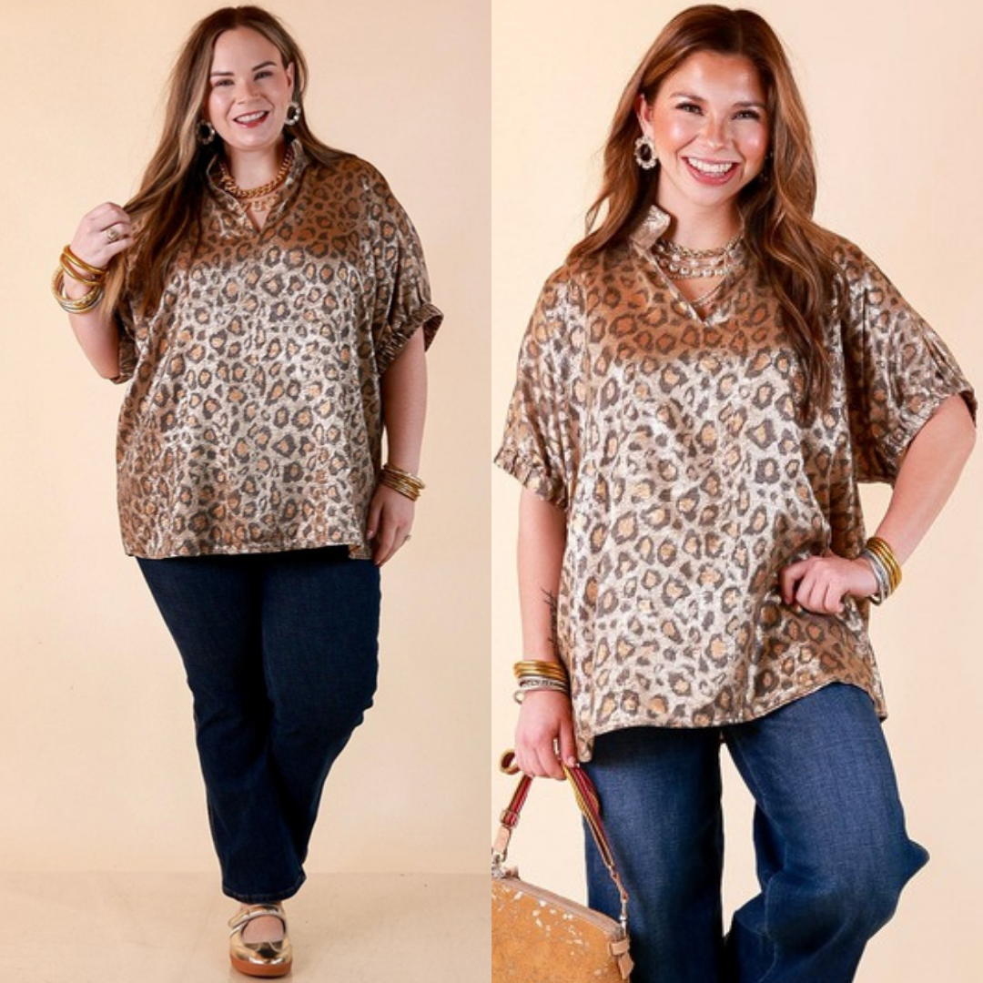 Two images of a woman wearing the Hits the Spot Metallic Leopard Print Short Sleeve Split Neck Top with Ruffle Collar in Taupe on a beige background