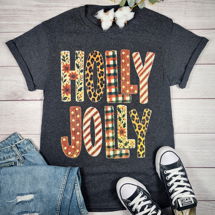 Holly Jolly Short Sleeve Christmas Graphic Tee in Charcoal Heather