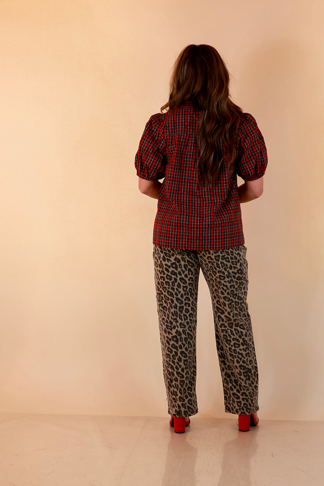 Home for the Holidays Plaid Shirred Trim V-Neck Puff Sleeve Top in Red