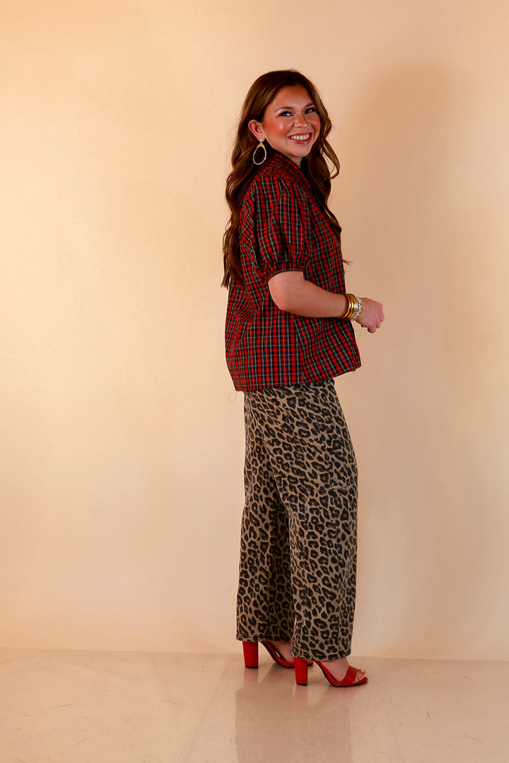 Home for the Holidays Plaid Shirred Trim V-Neck Puff Sleeve Top in Red