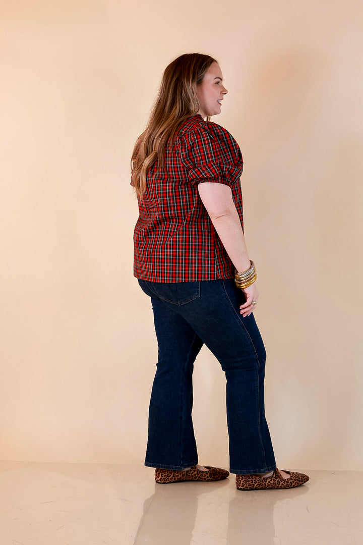 Home for the Holidays Plaid Shirred Trim V-Neck Puff Sleeve Top in Red