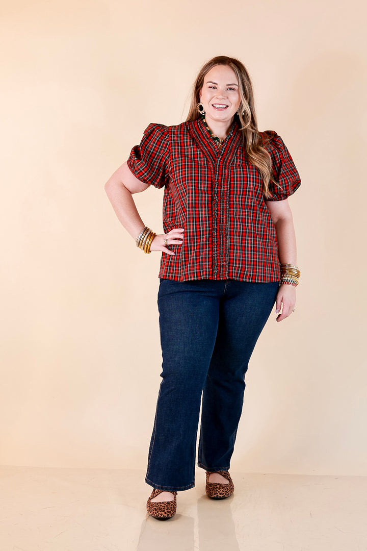 Home for the Holidays Plaid Shirred Trim V-Neck Puff Sleeve Top in Red
