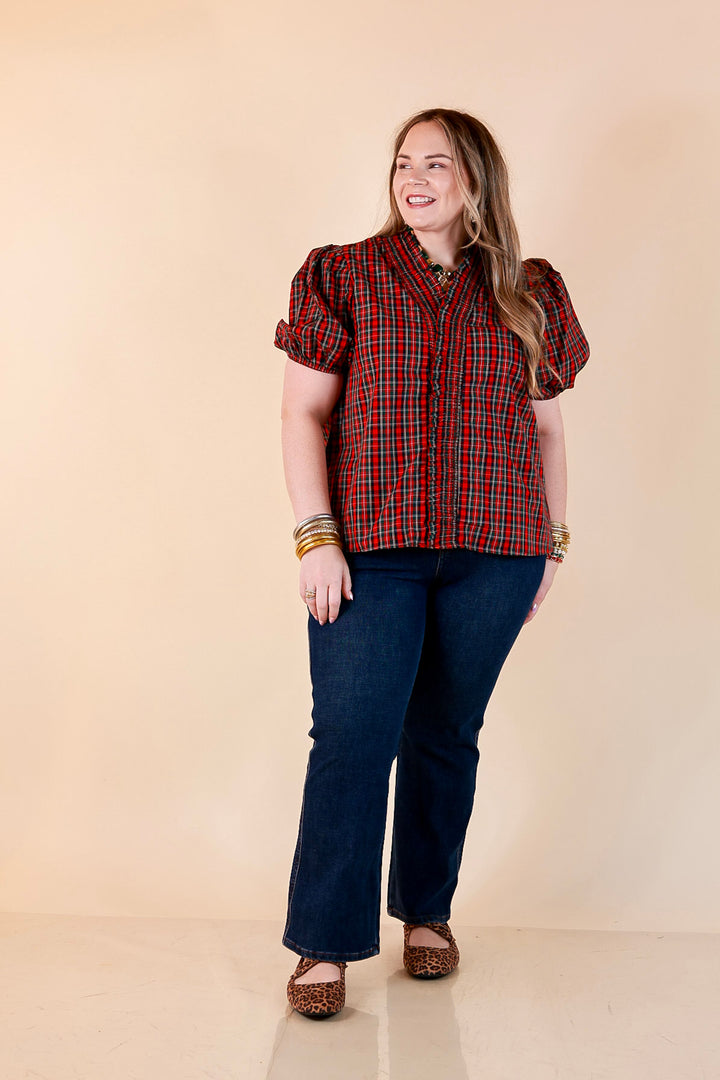 Home for the Holidays Plaid Shirred Trim V-Neck Puff Sleeve Top in Red
