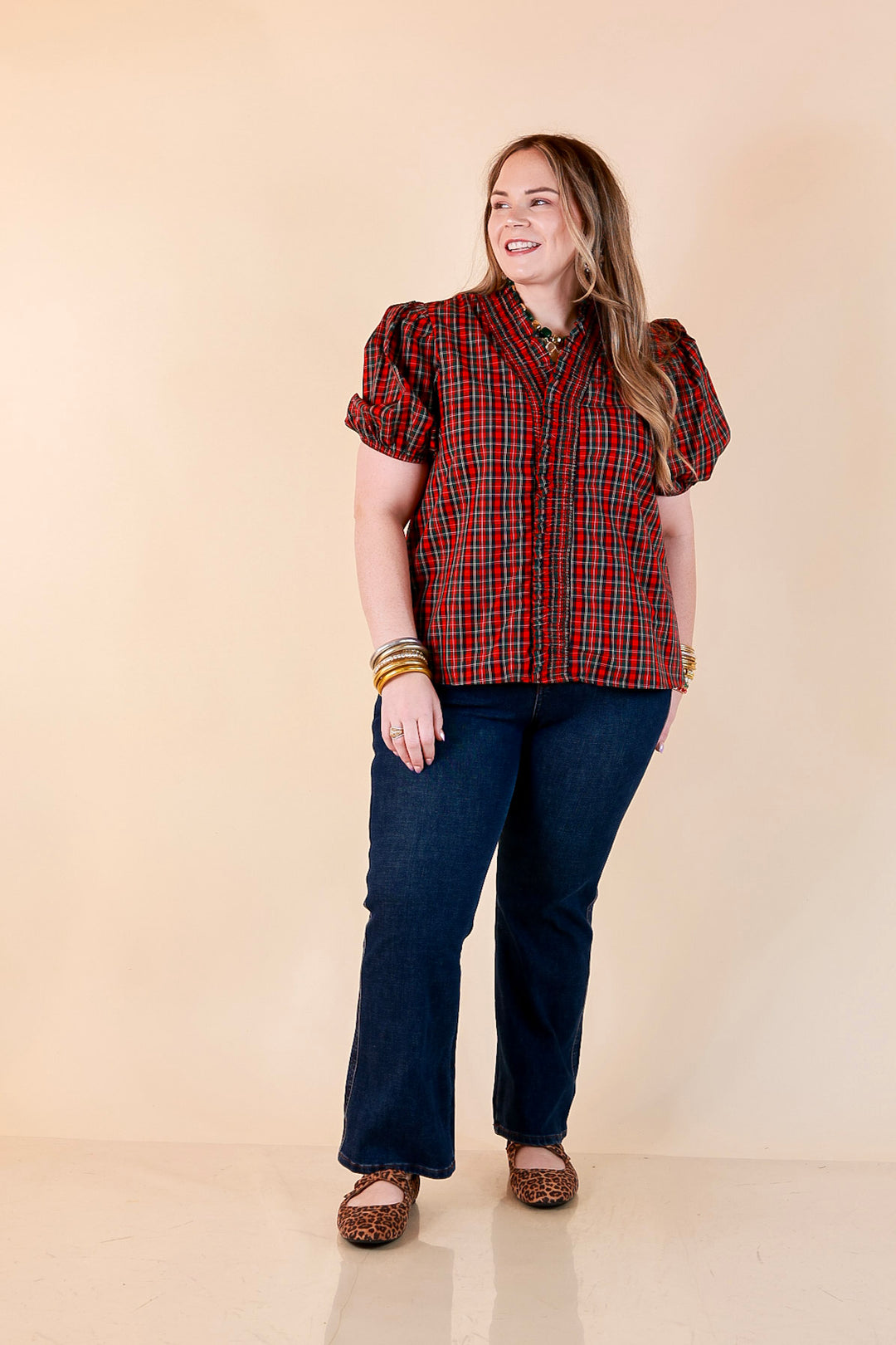 Home for the Holidays Plaid Shirred Trim V-Neck Puff Sleeve Top in Red