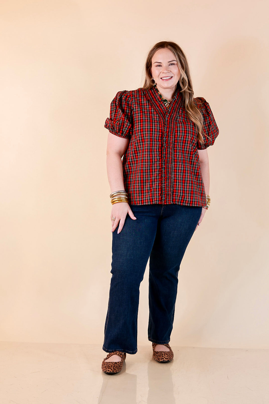Home for the Holidays Plaid Shirred Trim V-Neck Puff Sleeve Top in Red