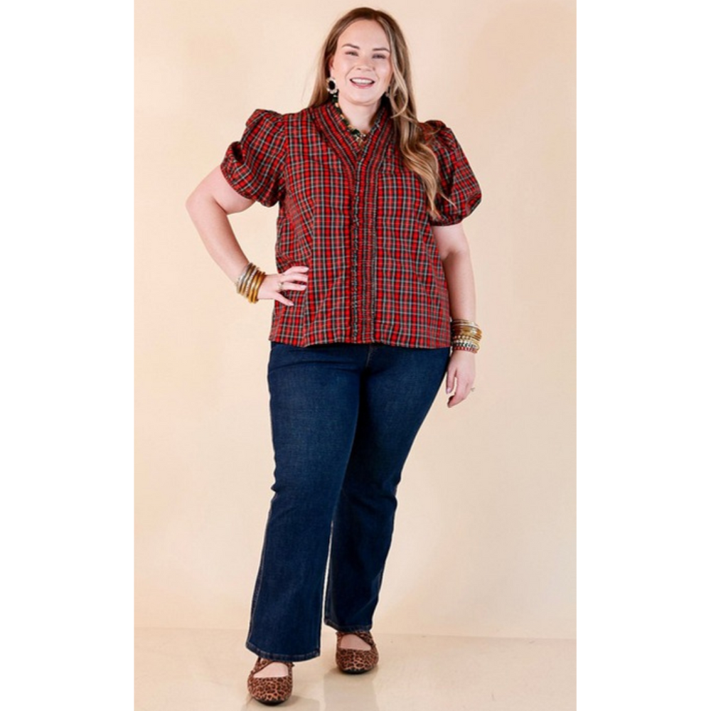 Home for the Holidays Plaid Shirred Trim V-Neck Puff Sleeve Top in Red