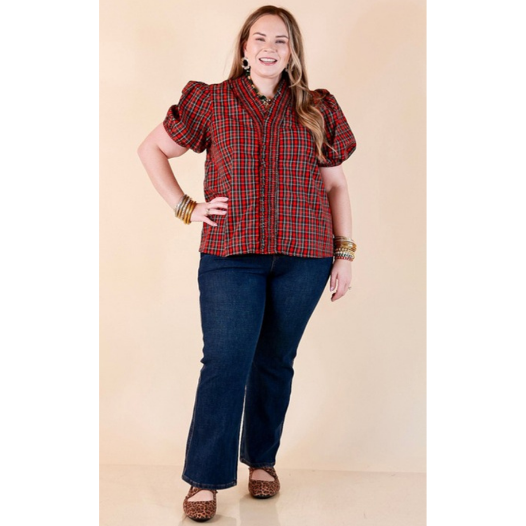 Home for the Holidays Plaid Shirred Trim V-Neck Puff Sleeve Top in Red
