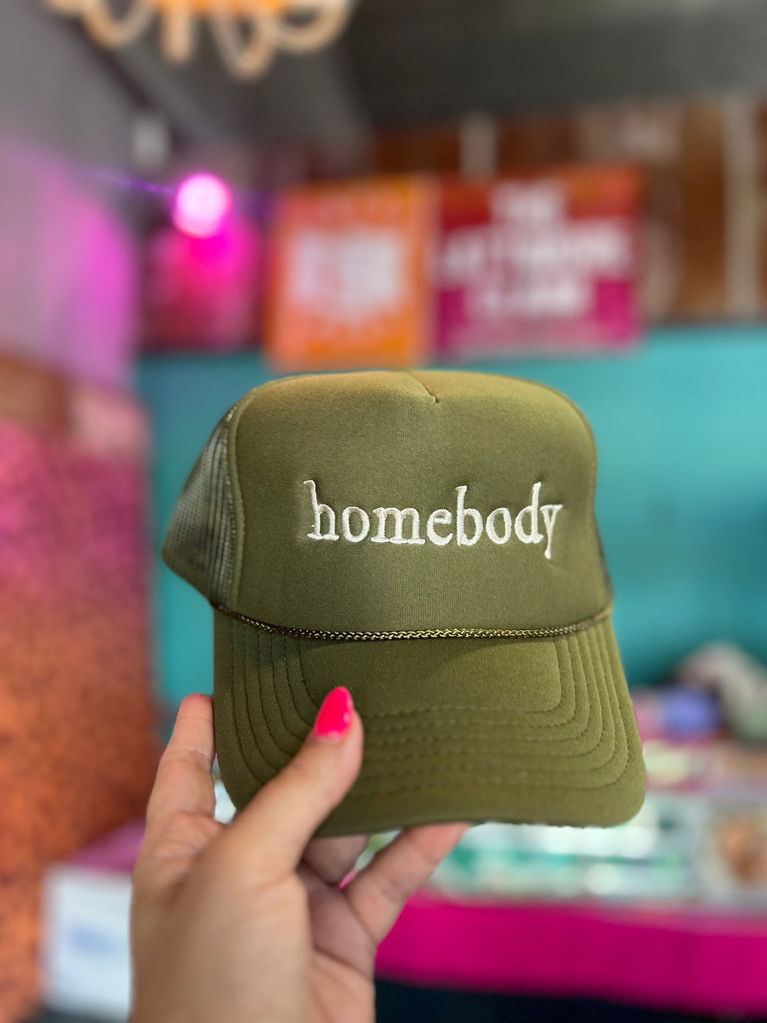Made to Order | Homebody Embroidered Trucker Hat in Olive Green