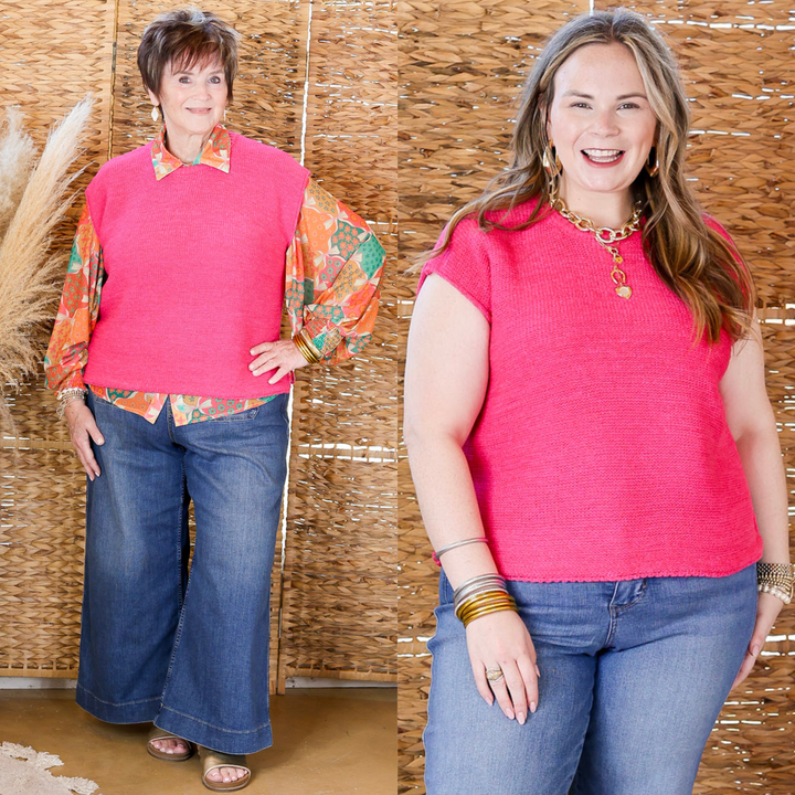 Forever Favorite Oversized Crew Neck Sweater Vest in Hot Pink