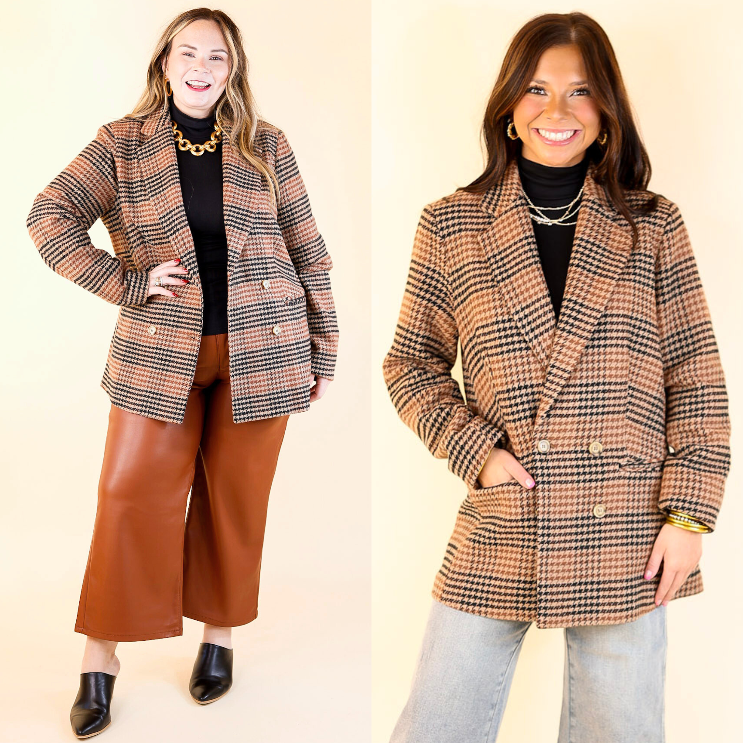 Magical Feeling Houndstooth Blazer with Long Sleeves in Rust Mix