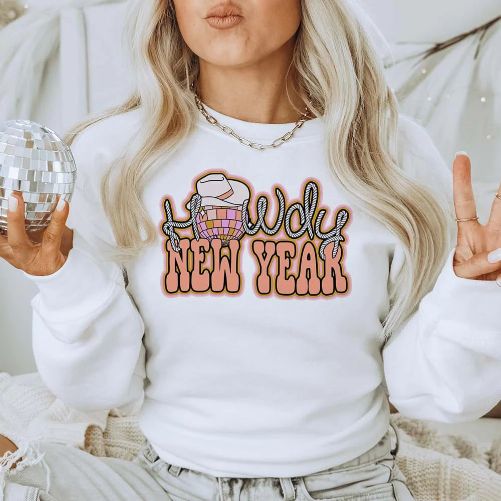 Online Exclusive | Howdy New Year Graphic Sweatshirt in White - Giddy Up Glamour Boutique