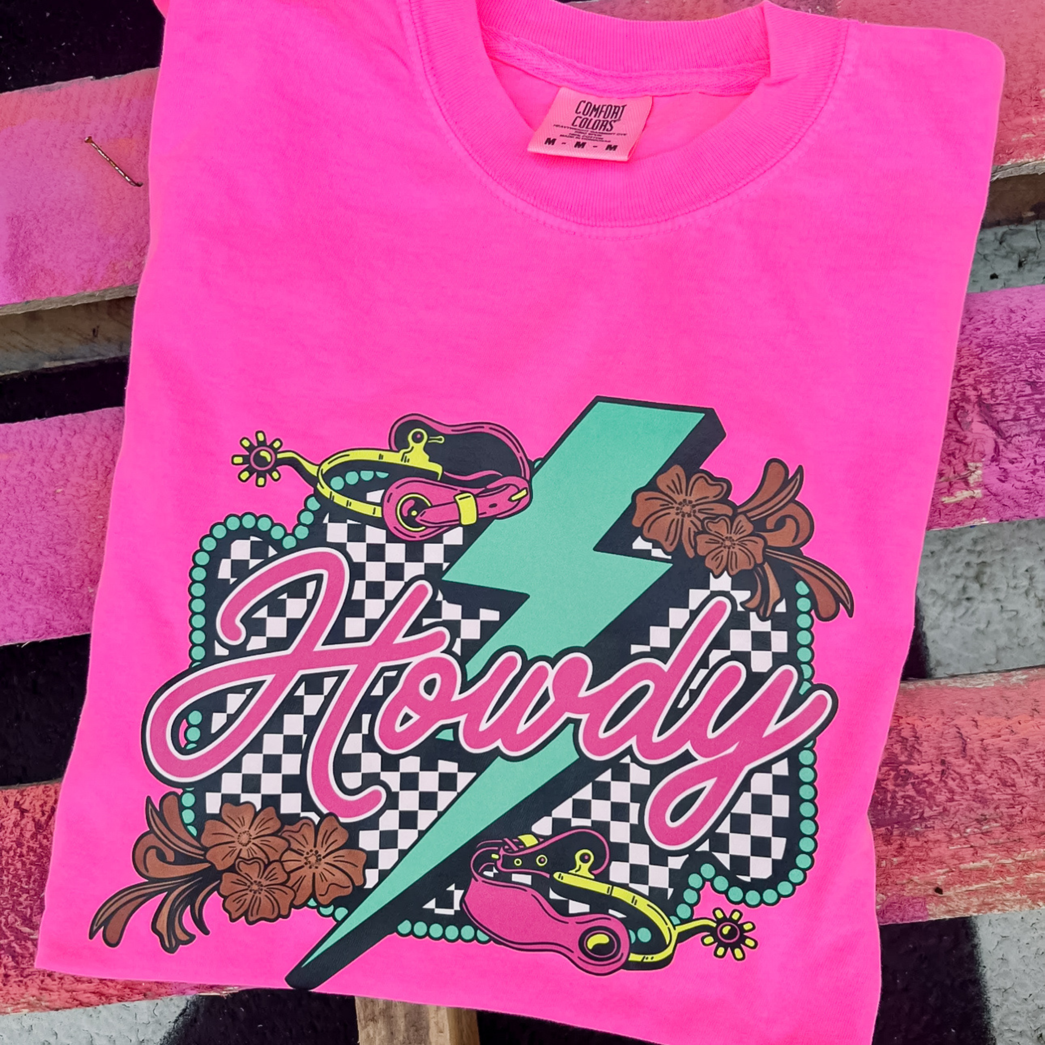 Online Exclusive | Checkered Howdy Short Sleeve Graphic Tee in Hot Pink - Giddy Up Glamour Boutique