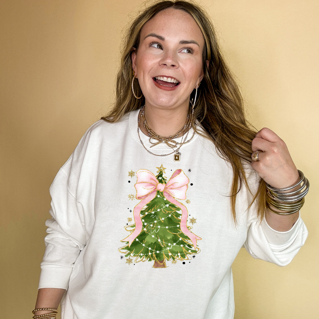 Online Exclusive | Pink Bow Christmas Tree with Gold Accents Graphic Sweatshirt in Multiple Color Options