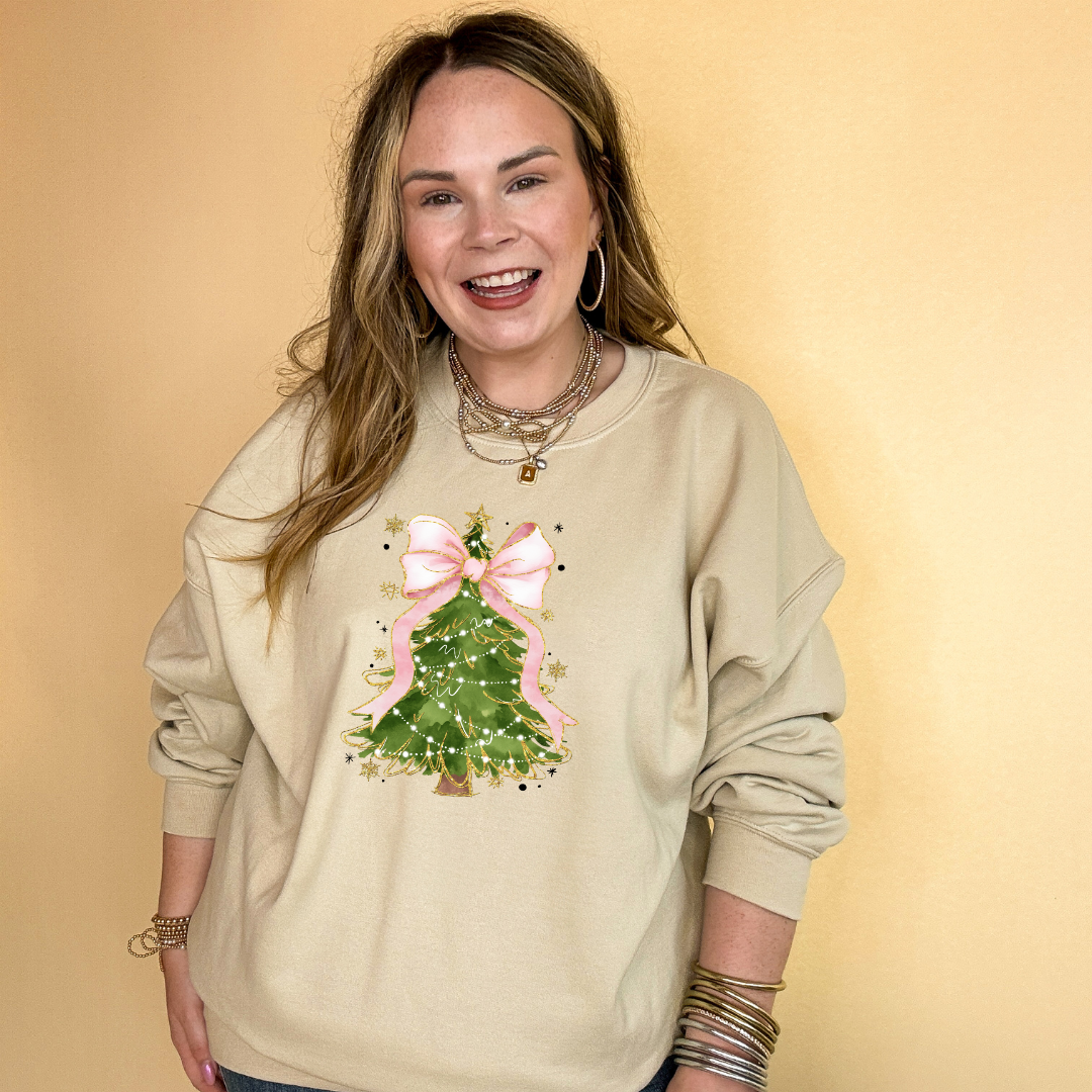 Online Exclusive | Pink Bow Christmas Tree with Gold Accents Graphic Sweatshirt in Multiple Color Options