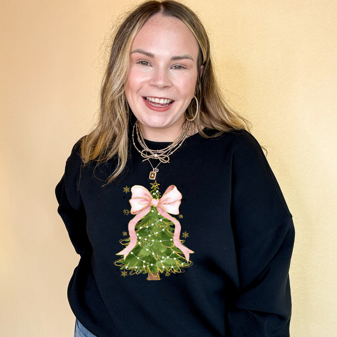 Online Exclusive | Pink Bow Christmas Tree with Gold Accents Graphic Sweatshirt in Multiple Color Options