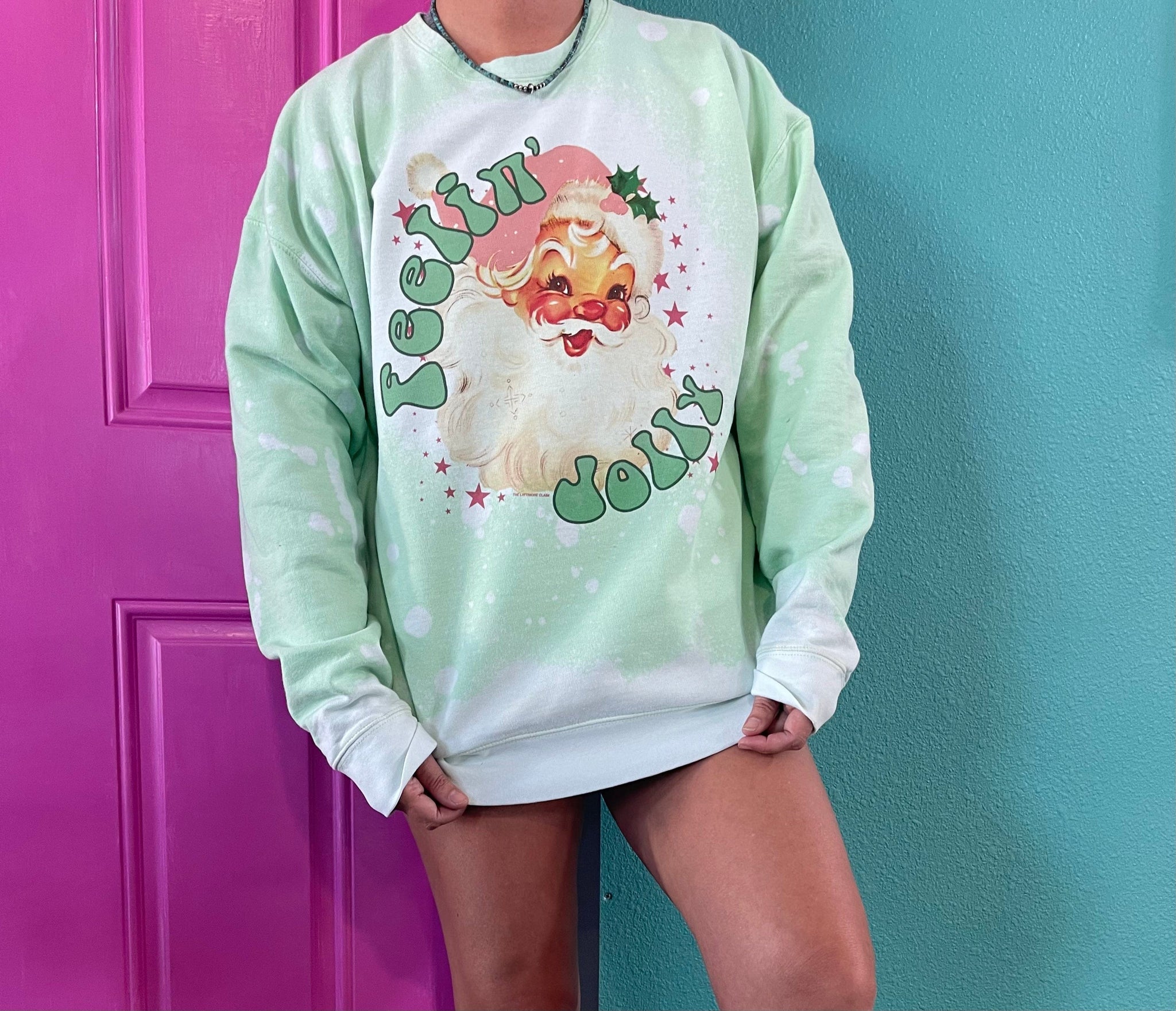 Online Exclusive | Feelin' Jolly Splatter Bleach Graphic Sweatshirt in Mint - Giddy Up Glamour Boutique
