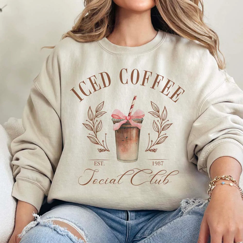 Online Exclusive | Iced Coffee Social Club Long Sleeve Graphic Sweatshirt in Cream - Giddy Up Glamour Boutique
