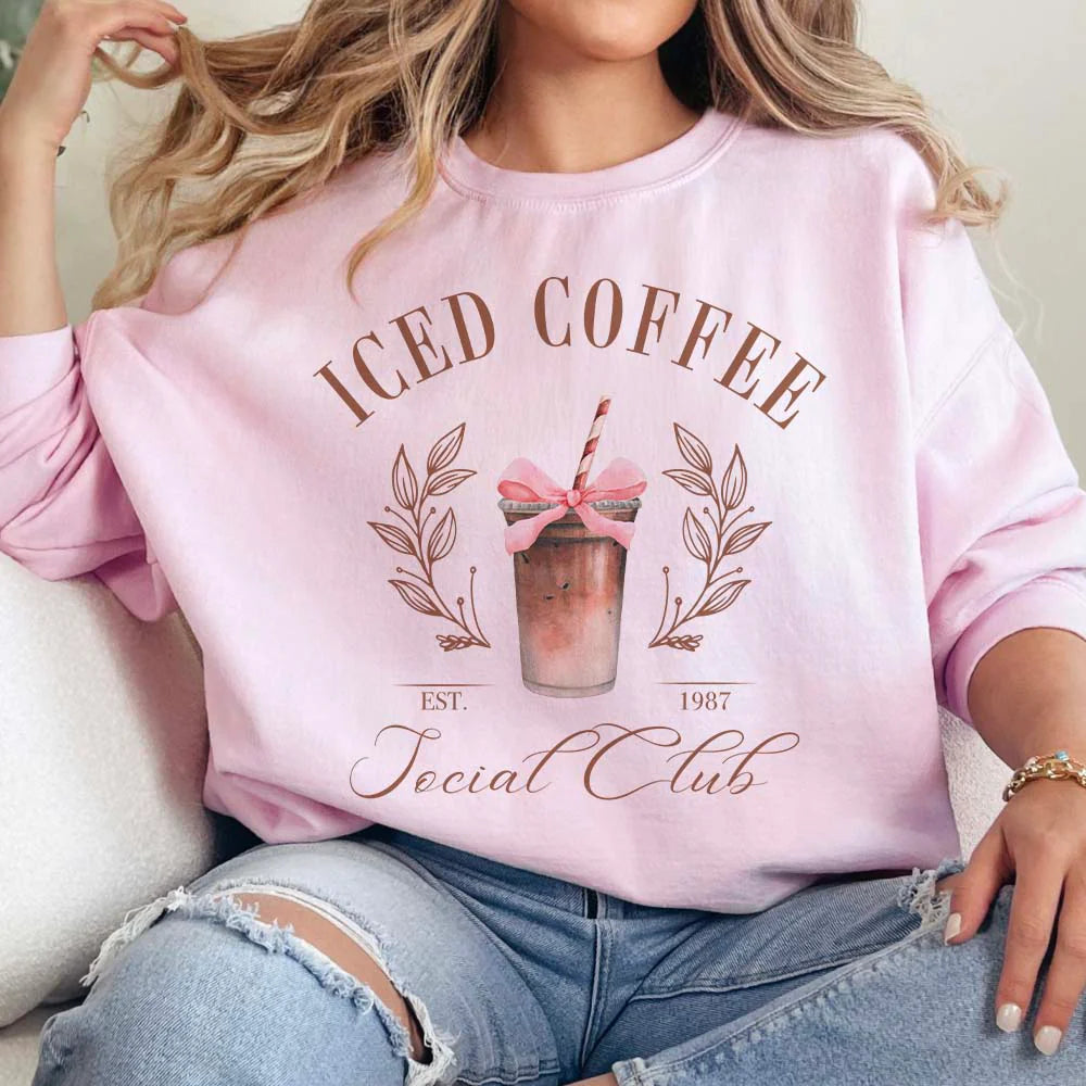 Online Exclusive | Iced Coffee Social Club Long Sleeve Graphic Sweatshirt in Pink - Giddy Up Glamour Boutique