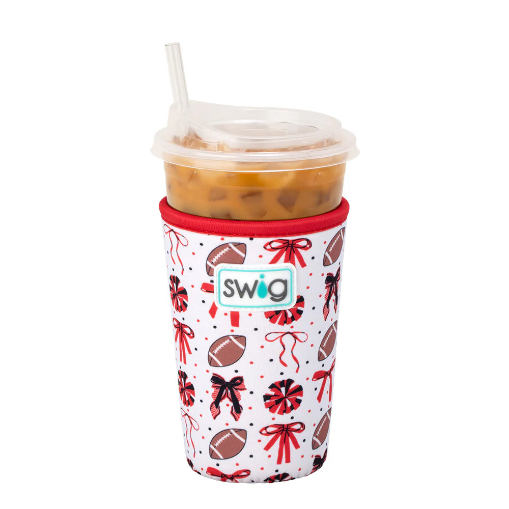 Swig cup with festive pattern and red sleeve on a white background