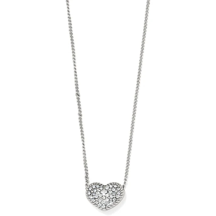 Silver heart pendant necklace on a white background