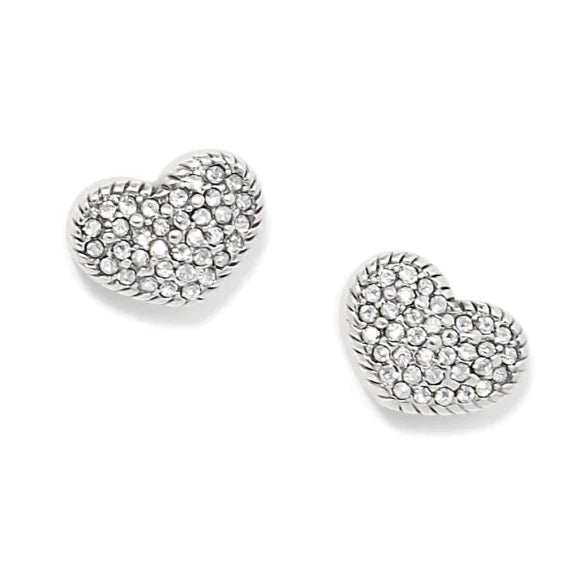 Heart-shaped earrings with embedded stones on a white background