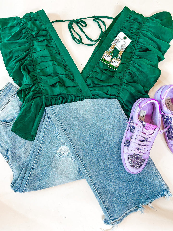 Fresh Take Ruched V Neck Crop Top in Green - Giddy Up Glamour Boutique