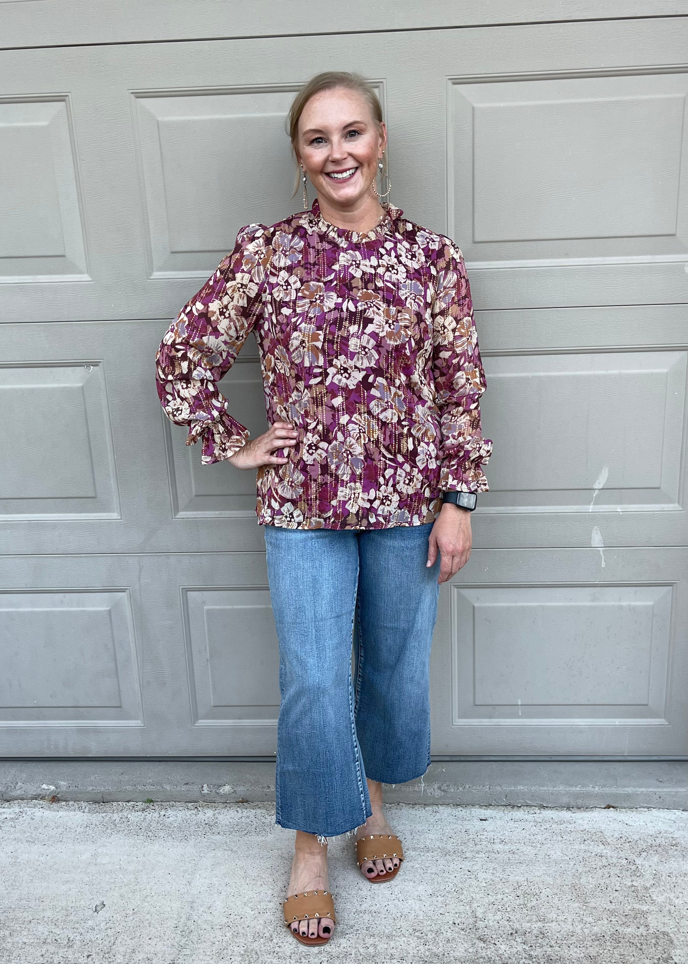 Counting Favors High Neck Floral Top with Long Sleeves in Magenta and Gold - Giddy Up Glamour Boutique