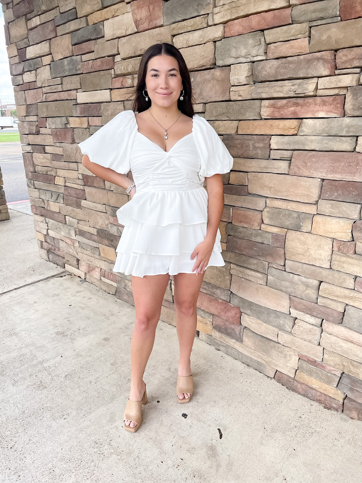 I Want It All Tiered Romper With Puffed Sleeves In White - Giddy Up Glamour Boutique