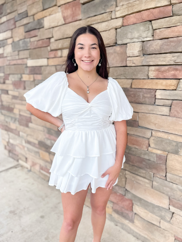 I Want It All Tiered Romper With Puffed Sleeves In White - Giddy Up Glamour Boutique
