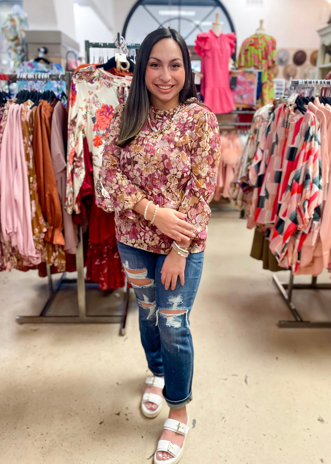 Counting Favors High Neck Floral Top with Long Sleeves in Magenta and Gold - Giddy Up Glamour Boutique