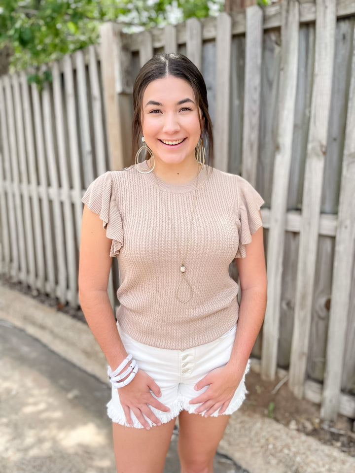 Coffee Date Knit Top With Ruffled Sleeves in Mocha - Giddy Up Glamour Boutique