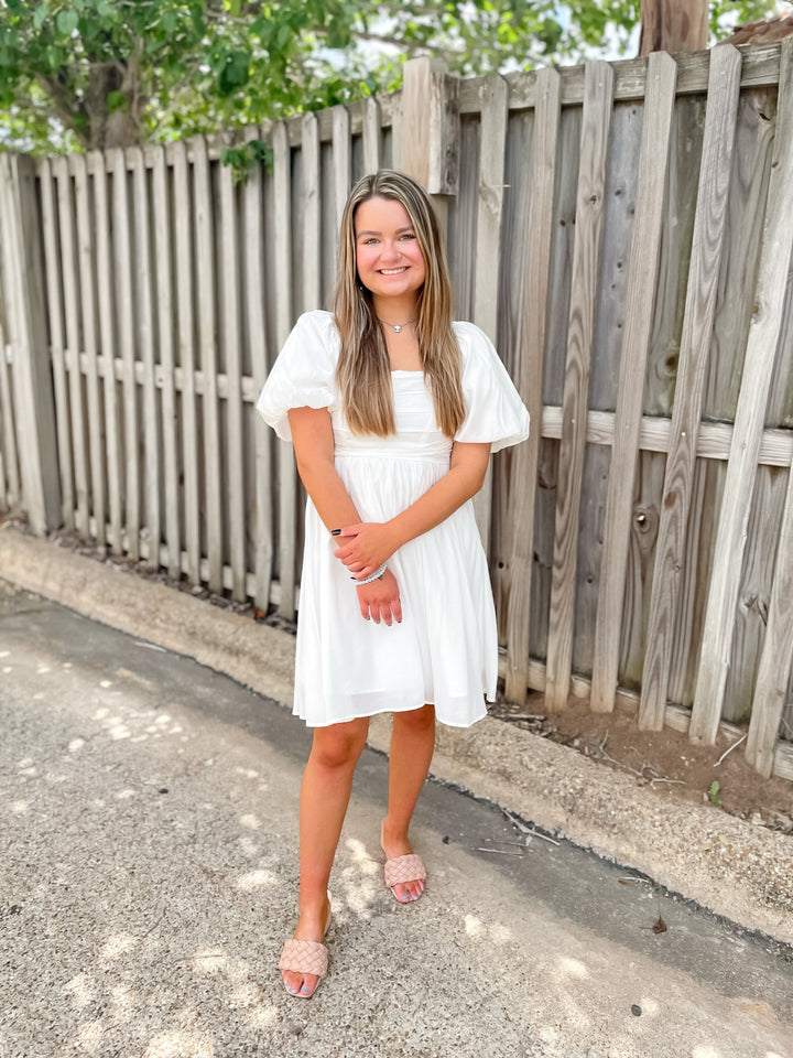 Livin Free Off The Shoulder Pleated Dress With Puffed Sleeves in White - Giddy Up Glamour Boutique