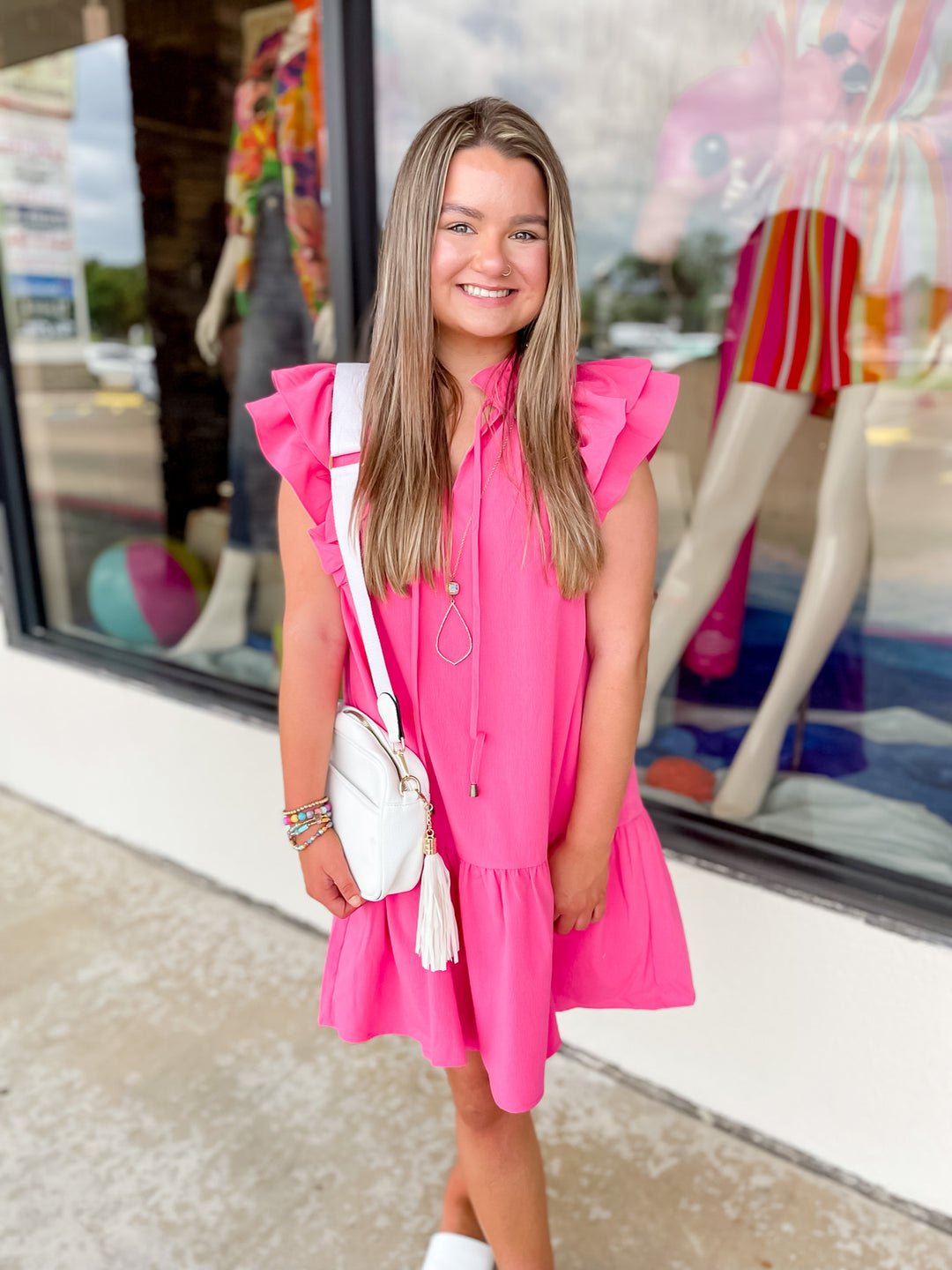 Powerful Love Ruffle Cap Sleeve Dress with Keyhole and Tie Neckline in Hot Pink - Giddy Up Glamour Boutique