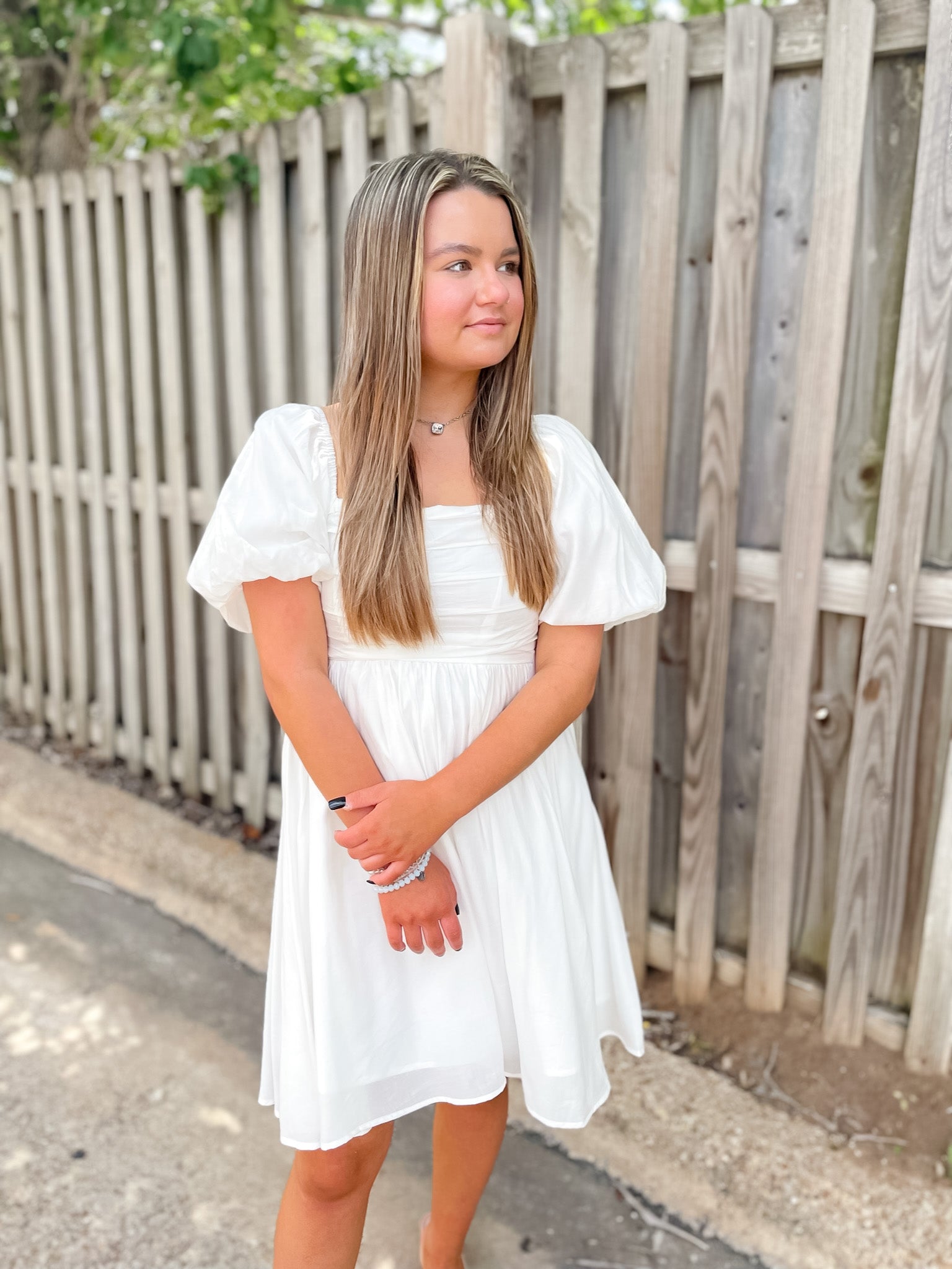 Livin Free Off The Shoulder Pleated Dress With Puffed Sleeves in White - Giddy Up Glamour Boutique