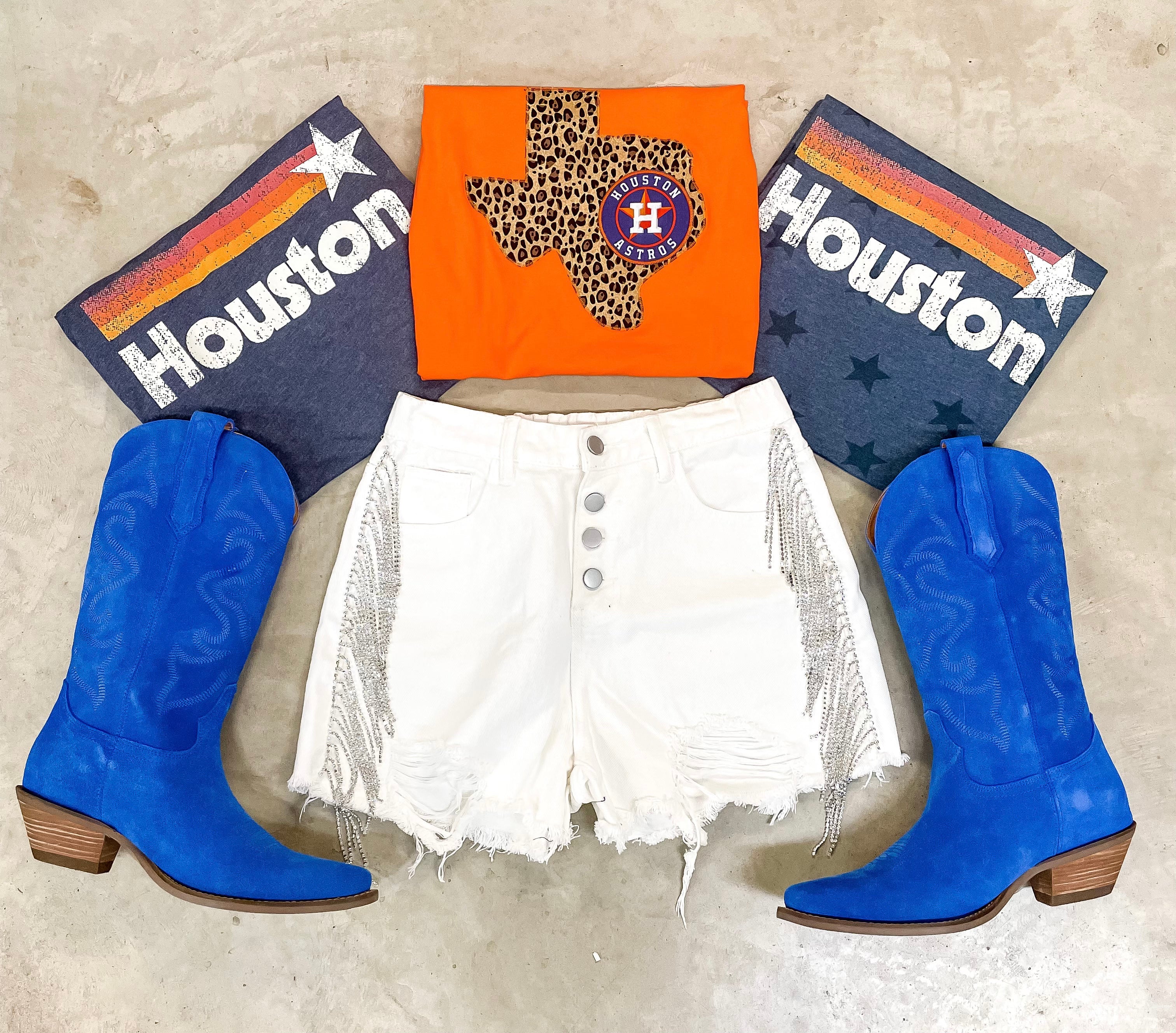 Astros Game Day | Houston Astros Leopard Print Texas Short Sleeve Graphic Tee in Orange - Giddy Up Glamour Boutique