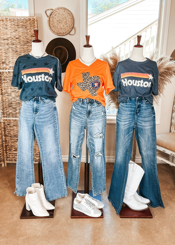 Astros Game Day | Houston Astros Leopard Print Texas Short Sleeve Graphic Tee in Orange - Giddy Up Glamour Boutique