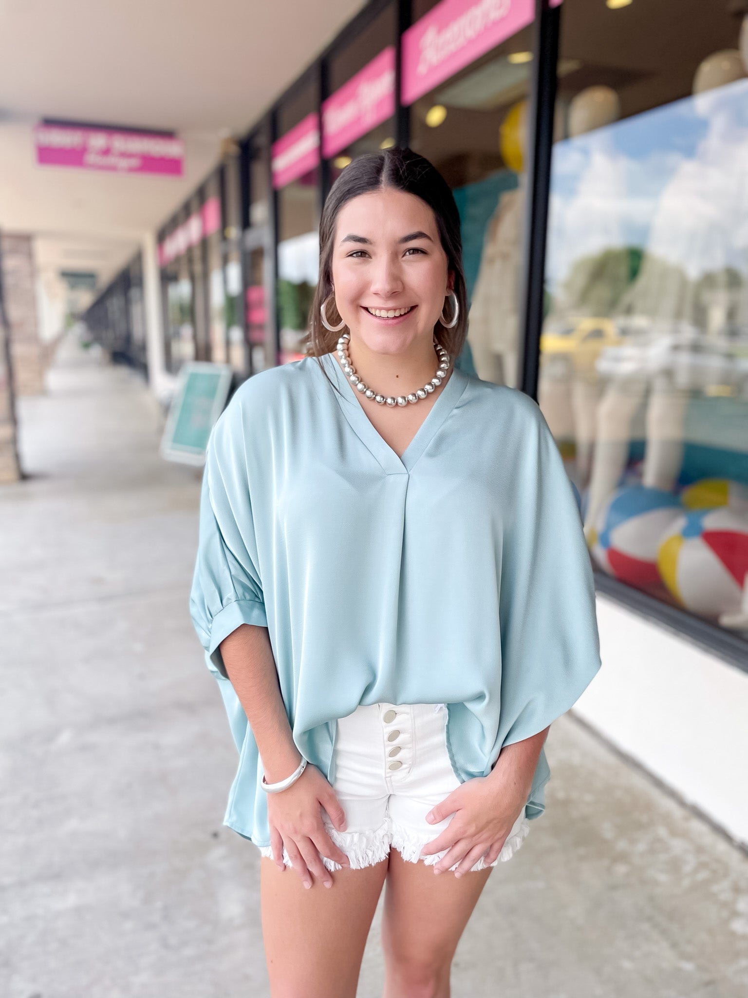 Irresistibly Chic Half Sleeve Oversized Blouse in Mint Blue - Giddy Up Glamour Boutique