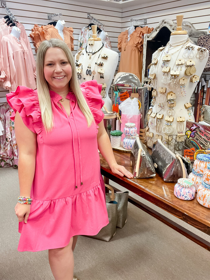 Powerful Love Ruffle Cap Sleeve Dress with Keyhole and Tie Neckline in Hot Pink - Giddy Up Glamour Boutique