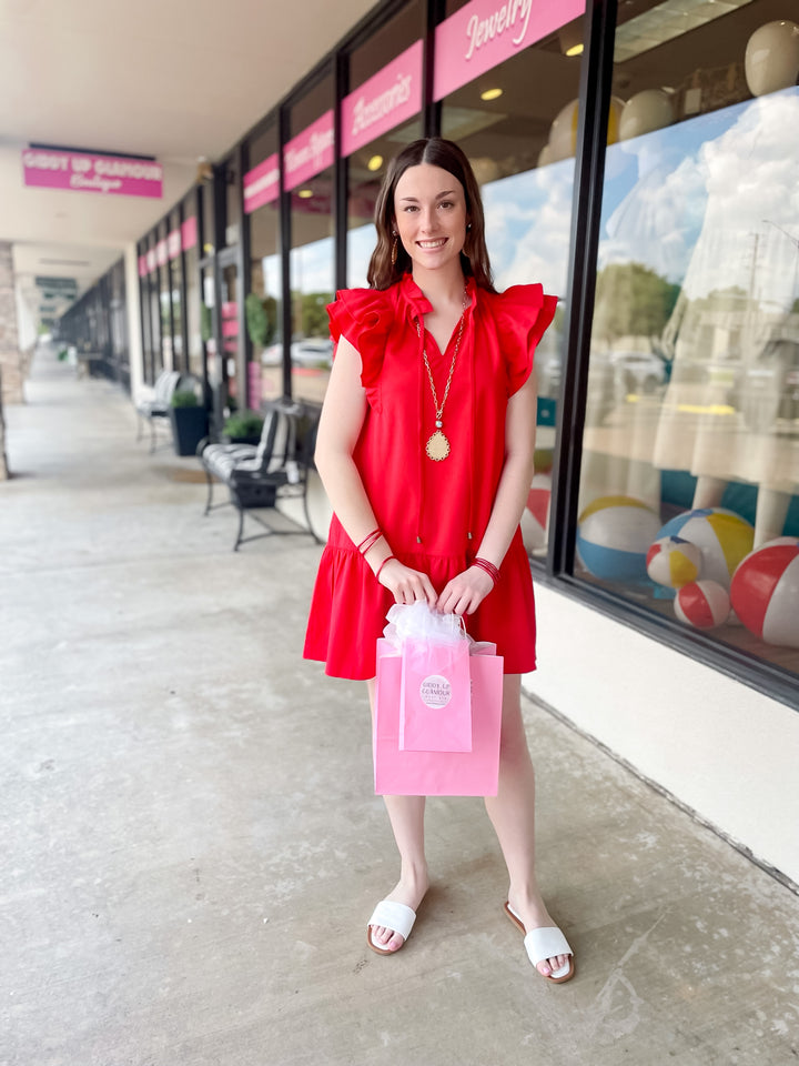 Powerful Love Ruffle Cap Sleeve Dress with Keyhole and Tie Neckline in Red - Giddy Up Glamour Boutique