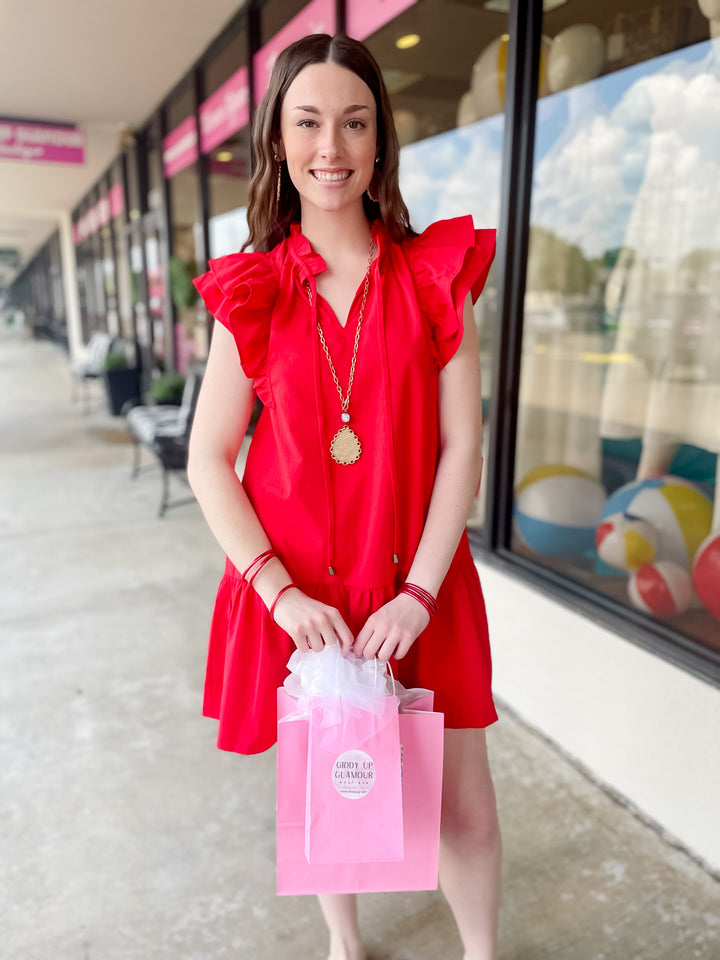 Powerful Love Ruffle Cap Sleeve Dress with Keyhole and Tie Neckline in Red - Giddy Up Glamour Boutique