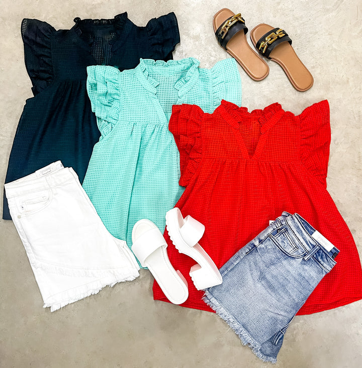 Perfectly Fabulous Ruffle Cap Sleeve Top in Red - Giddy Up Glamour Boutique