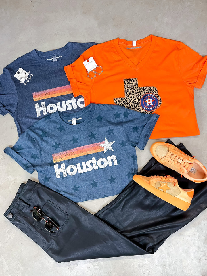 Astros Game Day | Houston Astros Leopard Print Texas Short Sleeve Graphic Tee in Orange - Giddy Up Glamour Boutique